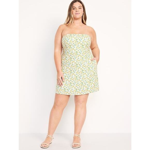 Old Navy Plus Size 4X Floral Fit & Flare Linen-Blend Strapless Mini Dress Yellow - Picture 1 of 5